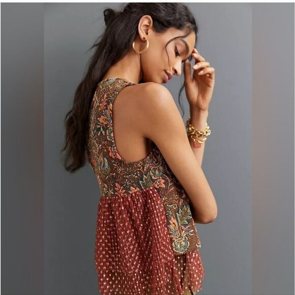 Anthropology, Eva Franco, Jacquard, tull brown with orange leaves, nwt - Picture 2 of 9